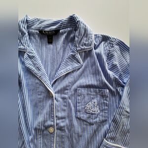 Lauren Ralph Lauren White & Blue Stripe 3/4 Sleeve Button Up Pajama Sleep Shirt